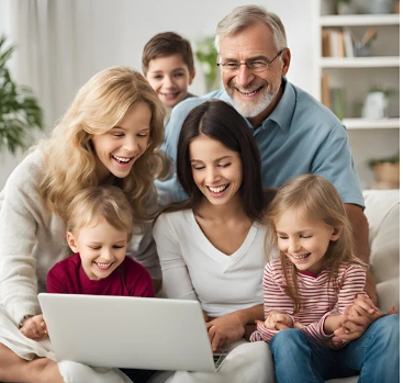 family reminiscing looking at laptop